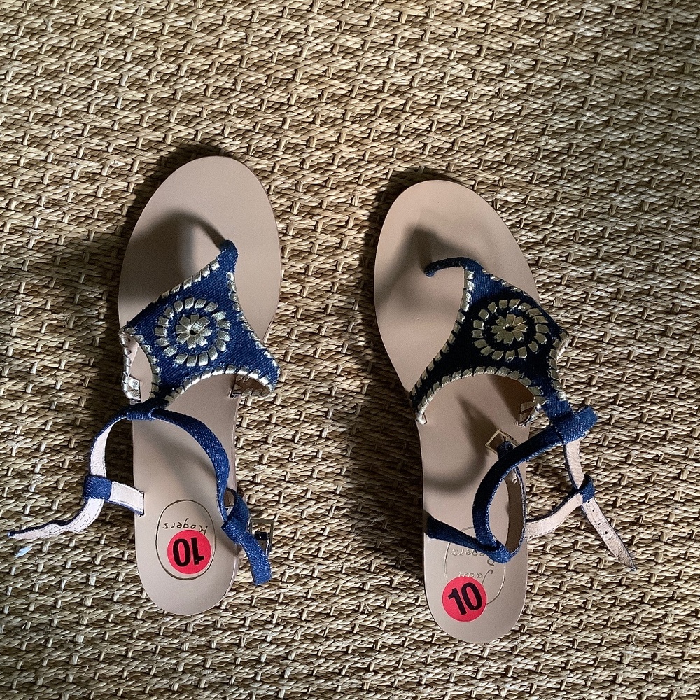 Jack Roger’s heel sandals in blue jean fabric  and gold accents. So cute!